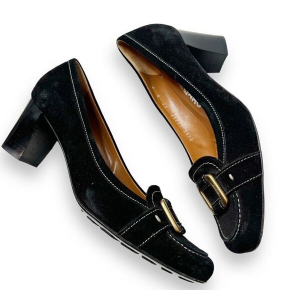 Salvatore Ferragamo Black Suede Square Toe Gold Logo Metal Block Heel Shoes, 9B - Picture 5 of 9